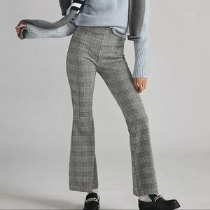 Anthropologie Maeve Plaid Black Gray White Pants Pull On Flare Sz M Preppy